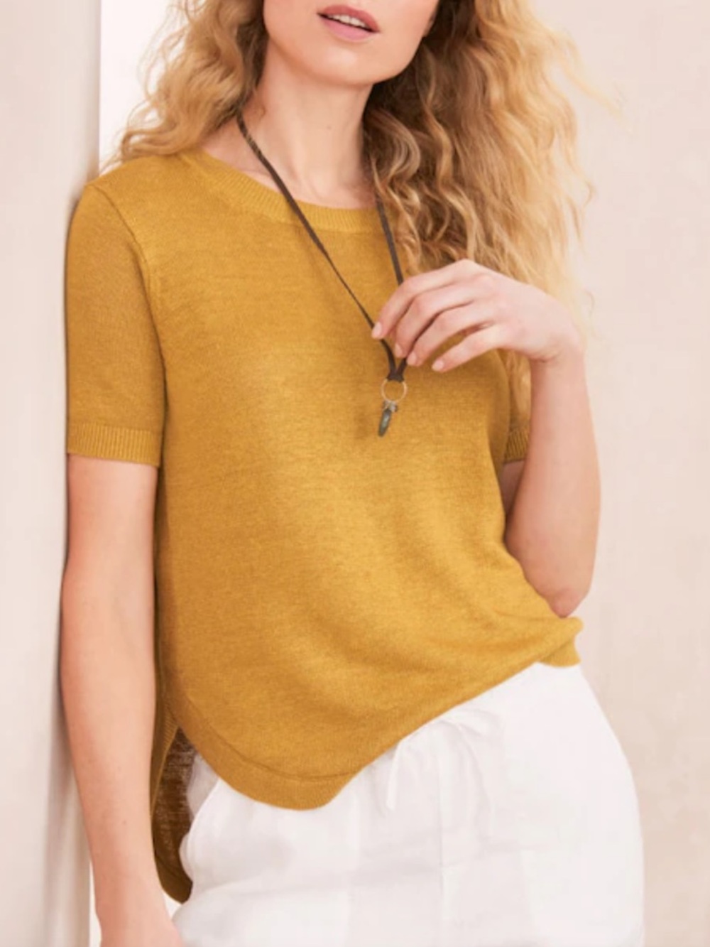 Garnet Hill Haiku Linen Sweater Tee Mustard Yellow Size Large Relaxed Fit